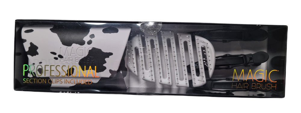 Magic Hair Brush - White Cow Print Classic with 3 Professional Section Clips