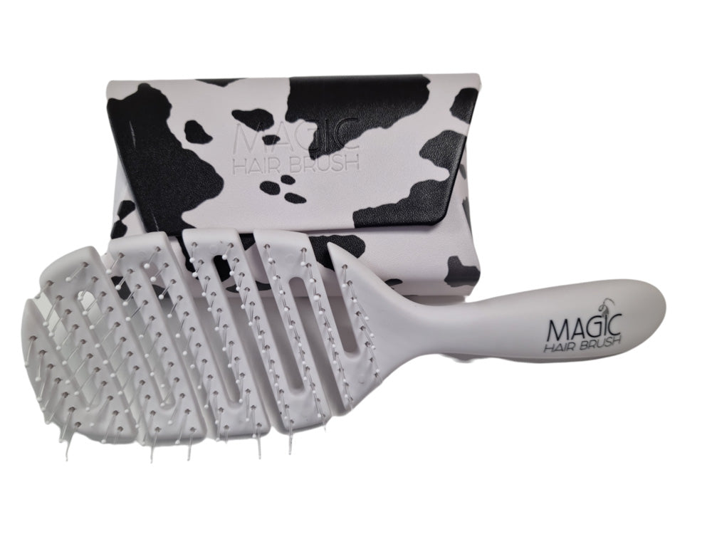 Magic Hair Brush - White Cow Print Classic with 3 Professional Section Clips