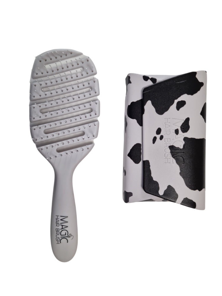 Magic Hair Brush - White Cow Print Classic with 3 Professional Section Clips