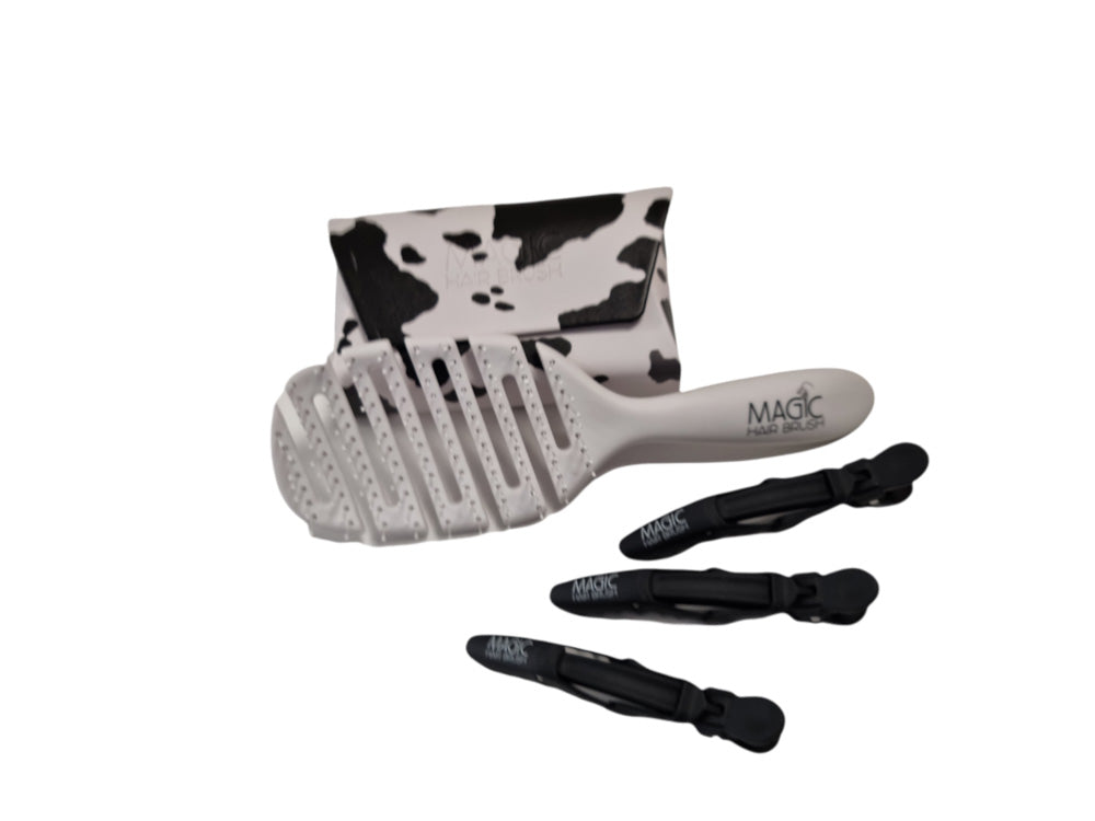 Magic Hair Brush - White Cow Print Classic with 3 Professional Section Clips
