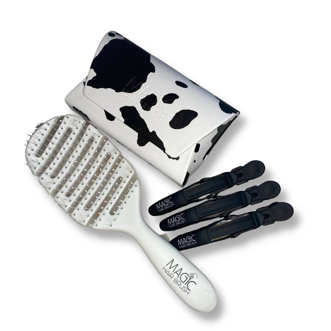 Magic Hair Brush - White Cow Print Classic with 3 Professional Section Clips
