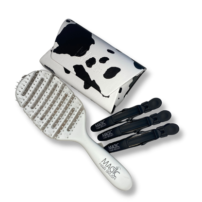 Magic Hair Brush - White Cow Print Classic with 3 Professional Section Clips