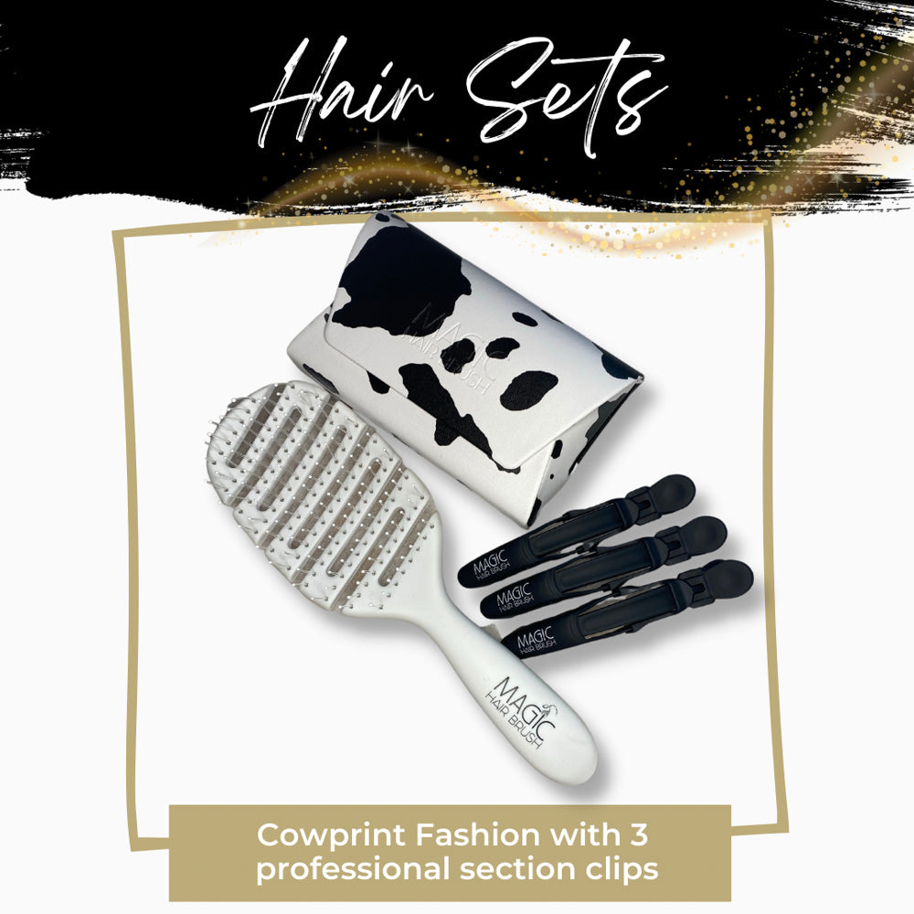 Magic Hair Brush - White Cow Print Classic with 3 Professional Section Clips